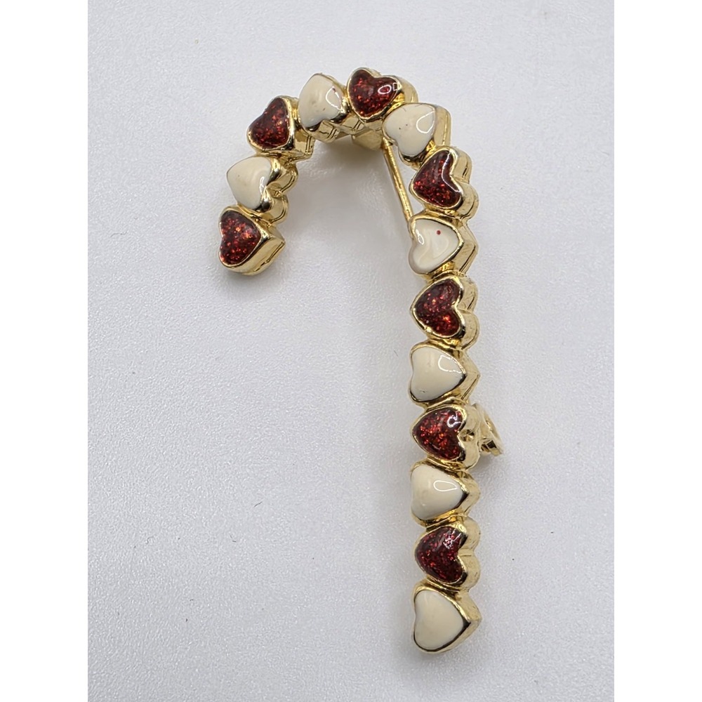 Vintage Candy Cane Brooch Pin Rhinestones Red White Holiday Hearts